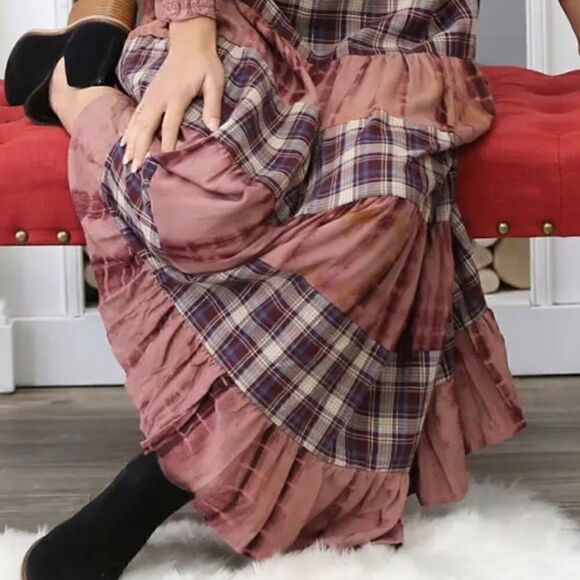 NEW! Beautiful Tie dye and Plaid Tiered Maxi Dress with Smocked Bodice - Picture 2 of 8